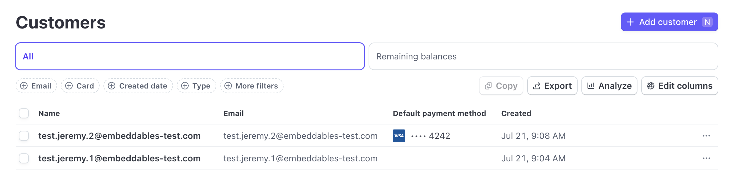 Example: Top customer has a default payment method set; bottom customer does not, which can cause payment issues.